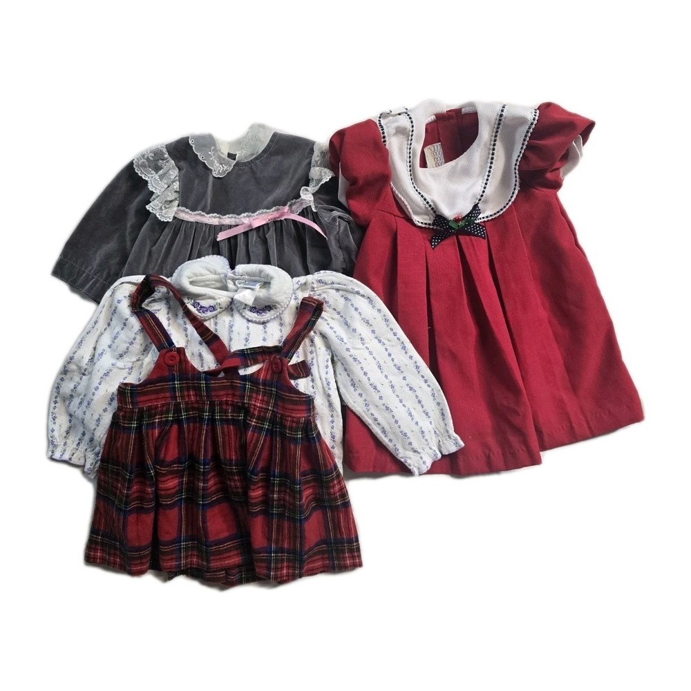vintage girls piccolo pleated red bibbed dress‎ with floral size 3t Lot Of 4